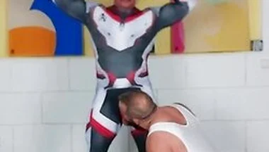 Muscle Daddy - Muscle Man Tries On Spandex Cosplay Suit With The Help Of His Muscle Stepdaddy