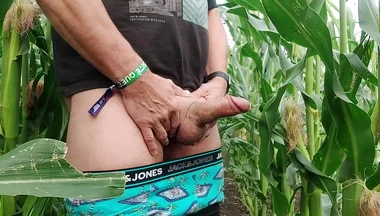 Dirty Jerking off My Big Cob in the Cornfield, Showing My Asshole and Squirting Cream on a Leaf.