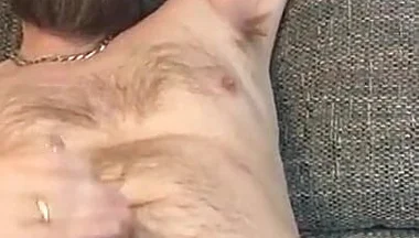 Shooting a Massive Load on My Hairy Body While Jerking off My Huge Hairy Pierced Cock