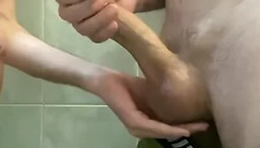 Two Young Guys Jerk Off Thick Cocks And Cum On Each Other - Uncut Cocks