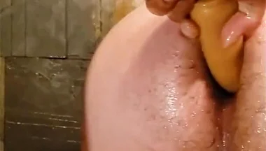 Bear Gets Fucked with Dildo and Then with BBC in Bathroom