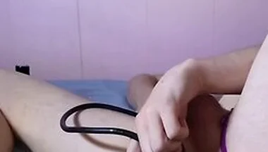 Twink Stretched To The Max With Inflatable Plug While Wearing Crotchless Panties