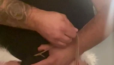 Cock Bondage with Crossdress and Additional Bondage Hands Cuffed to Collar with Butt Plug Insterted