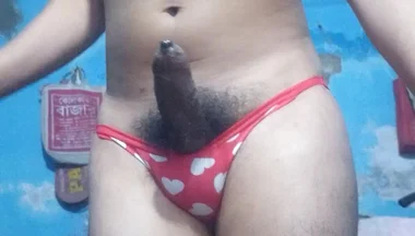 Young Indian Femboy Wearing His Step Sister's Red Bra and Panties While Jerking His Phimosis Dick Until Cum